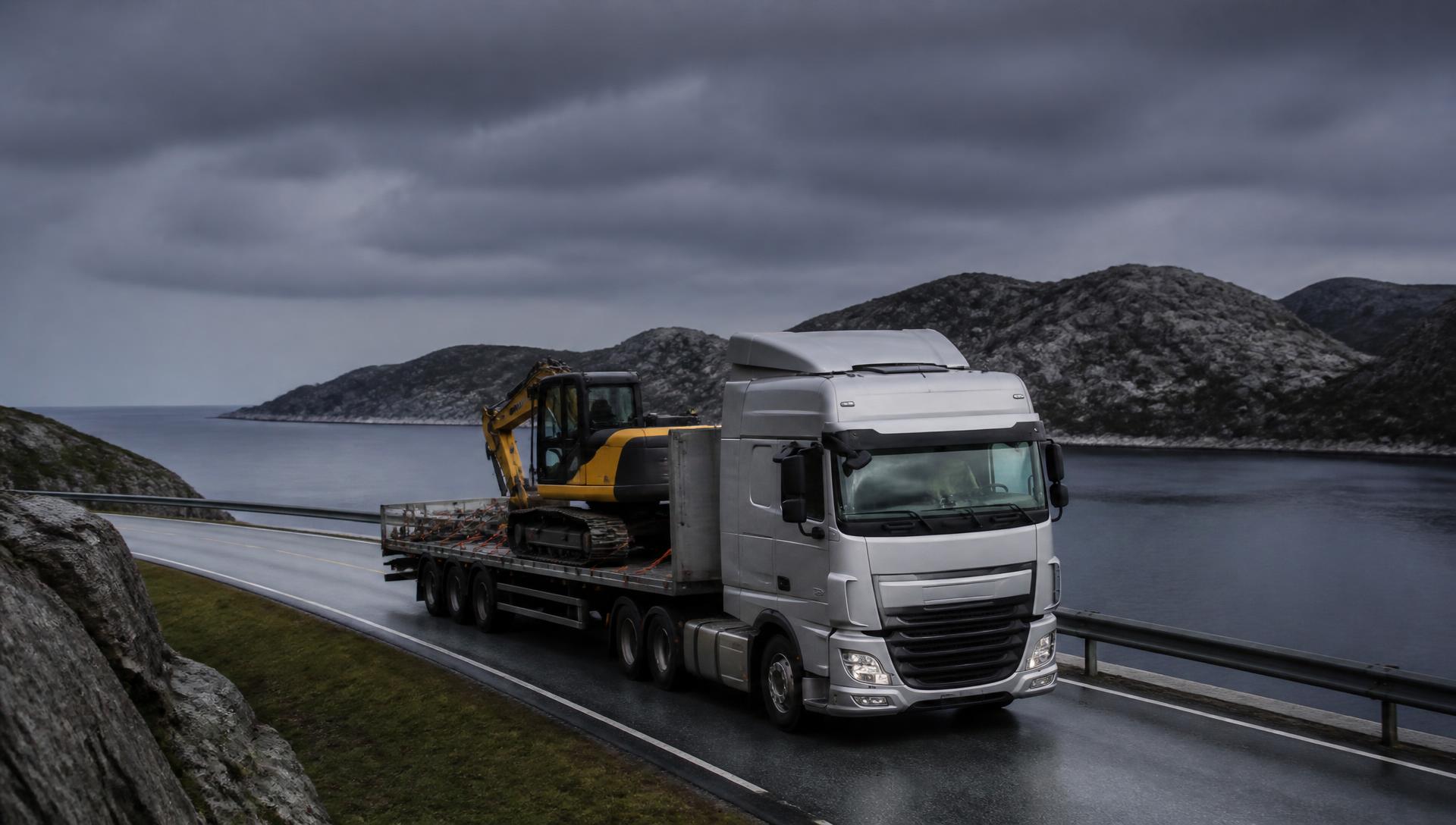 Lastebil med åpen henger og gravemaskin på vei langs en norsk fjord